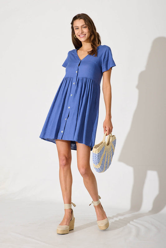 Horizon Smock Dress In Blue Linen Blend