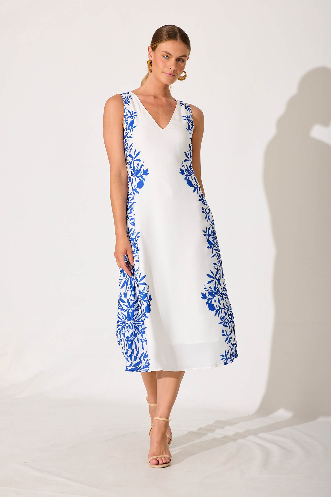 Ferry Midi Dress In White With Blue Leaf Linen Blend
