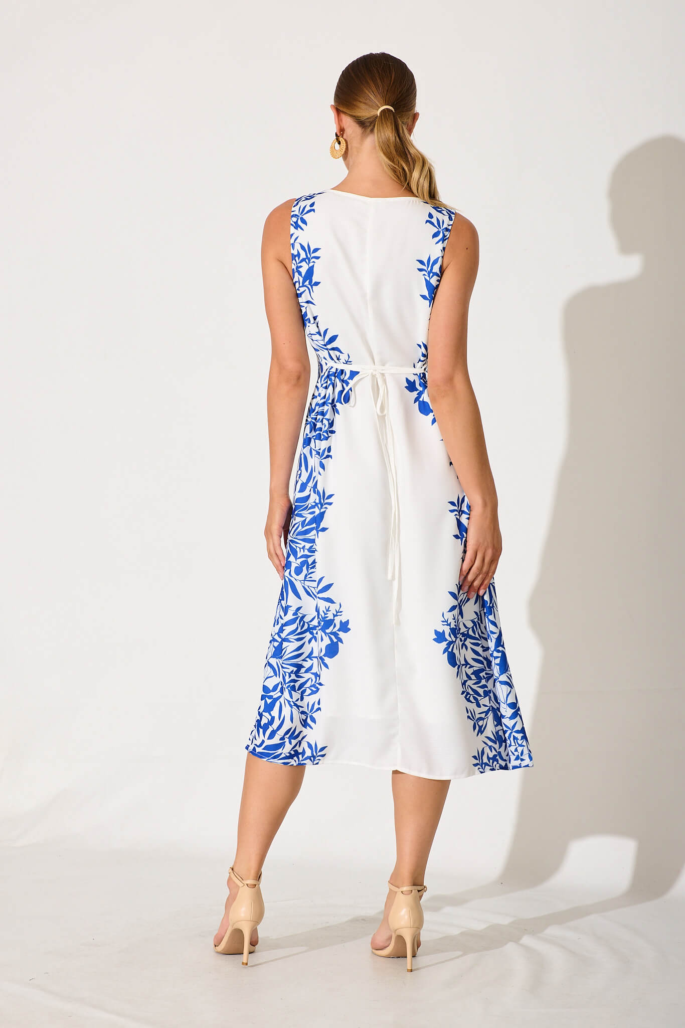 Ferry Midi Dress In White With Blue Leaf Linen Blend
