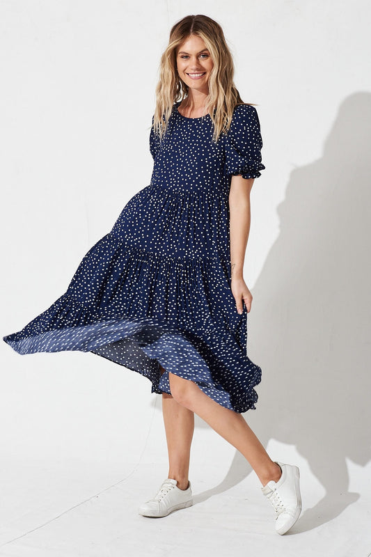 Nevi Tiered Midi Dress in Navy Spot