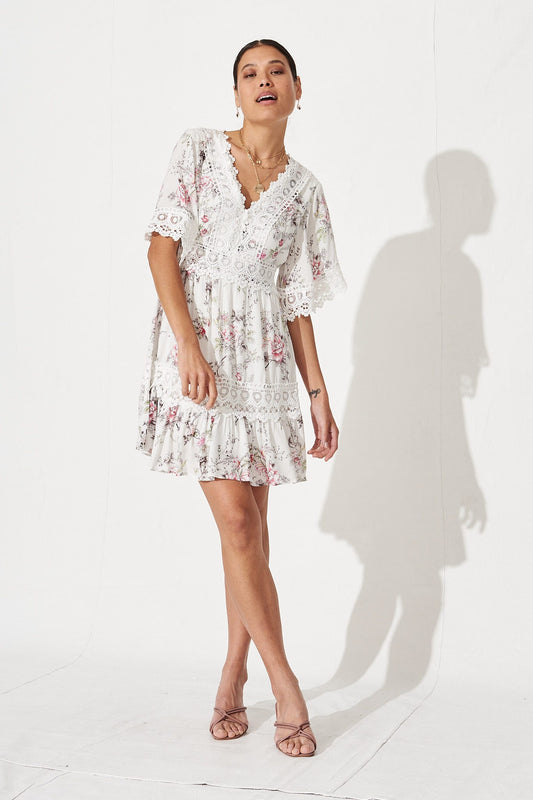 Macca Dress In White With Blush Floral