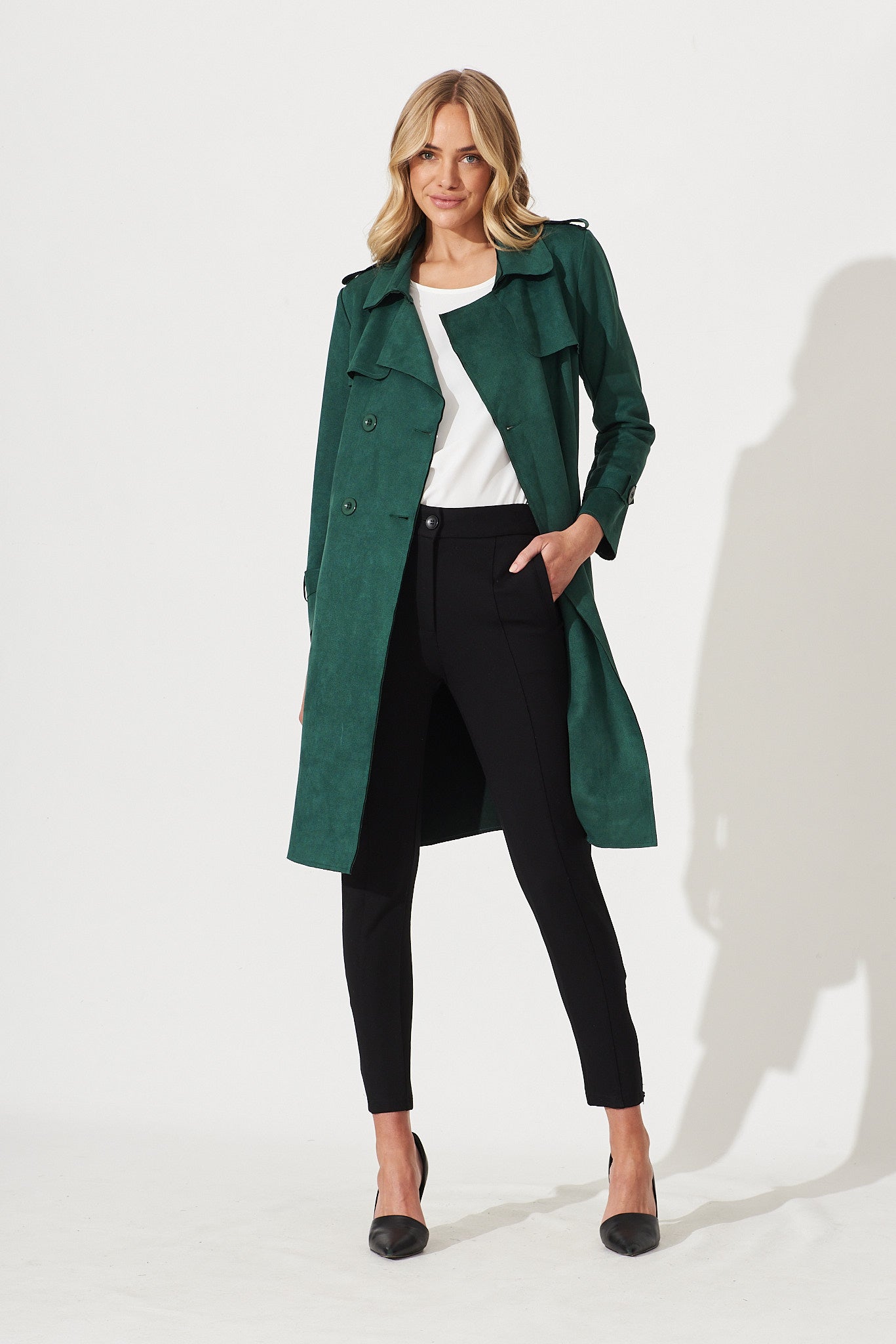 Mirage Trench Coat In Dark Green Suedette