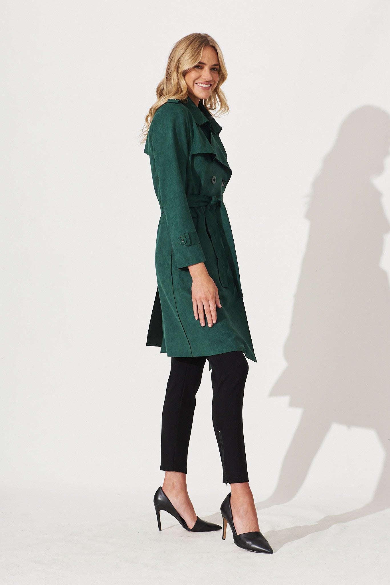 Mirage Trench Coat In Dark Green Suedette