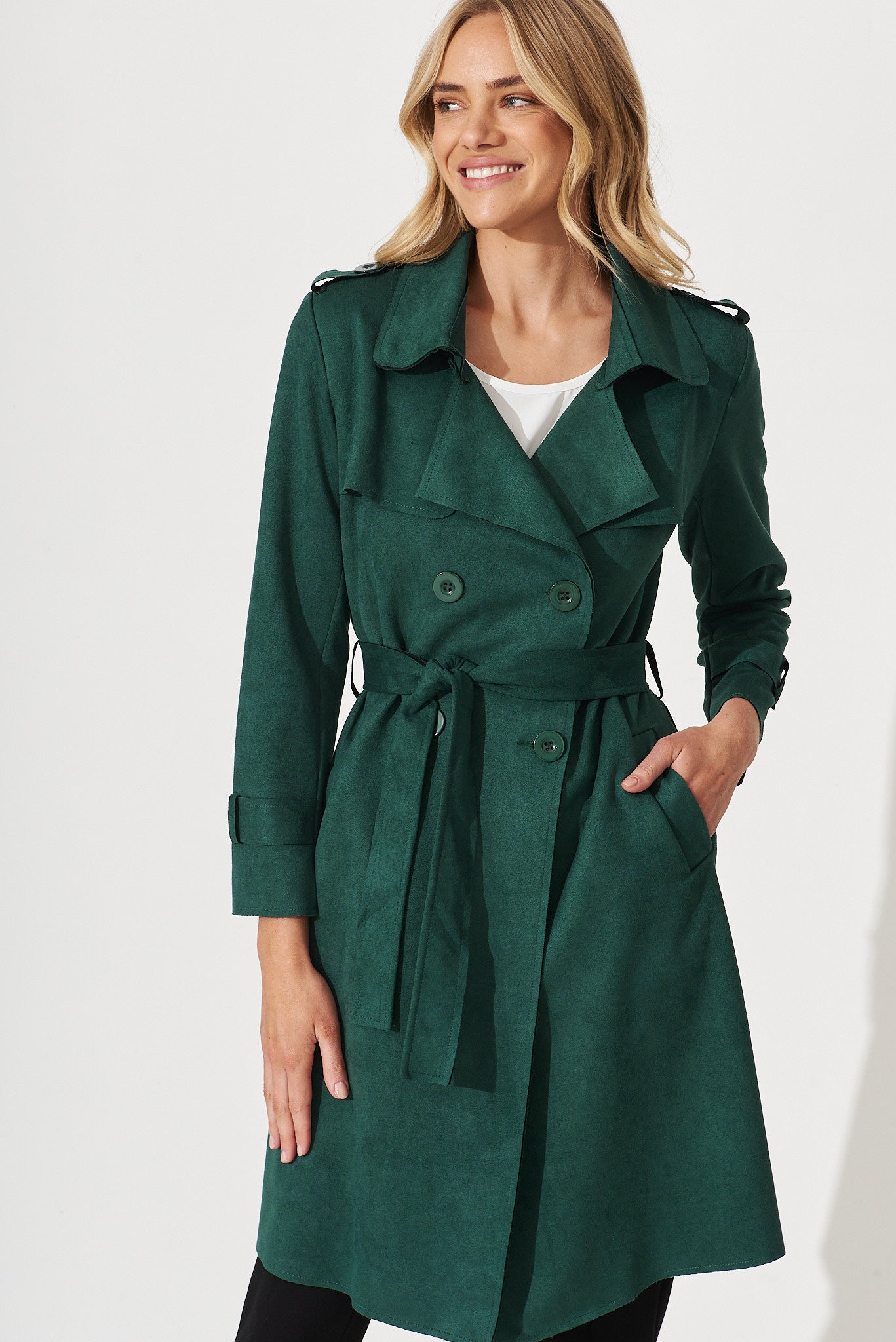 Mirage Trench Coat In Dark Green Suedette