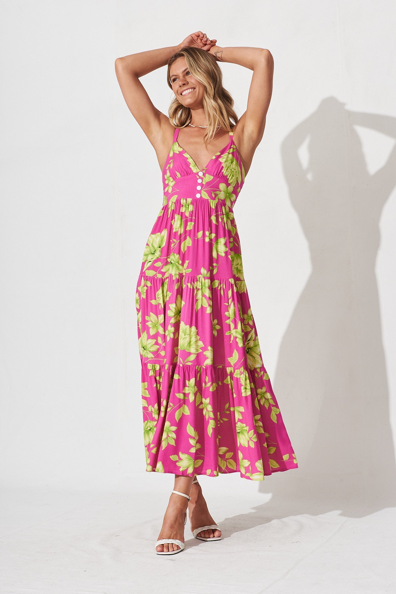 Delanie Maxi Dress In Pink With Green Floral