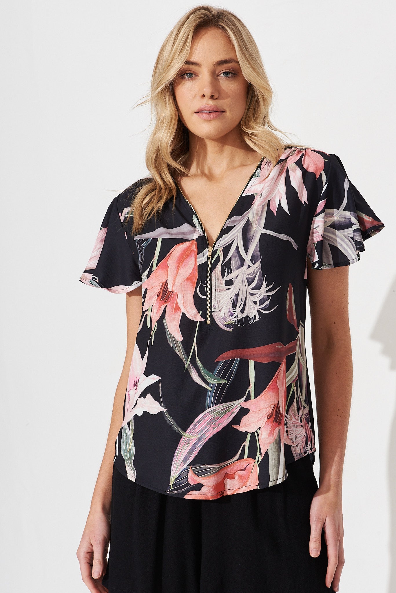 Viviana Zip Top In Black With Pink Tigerlily Floral