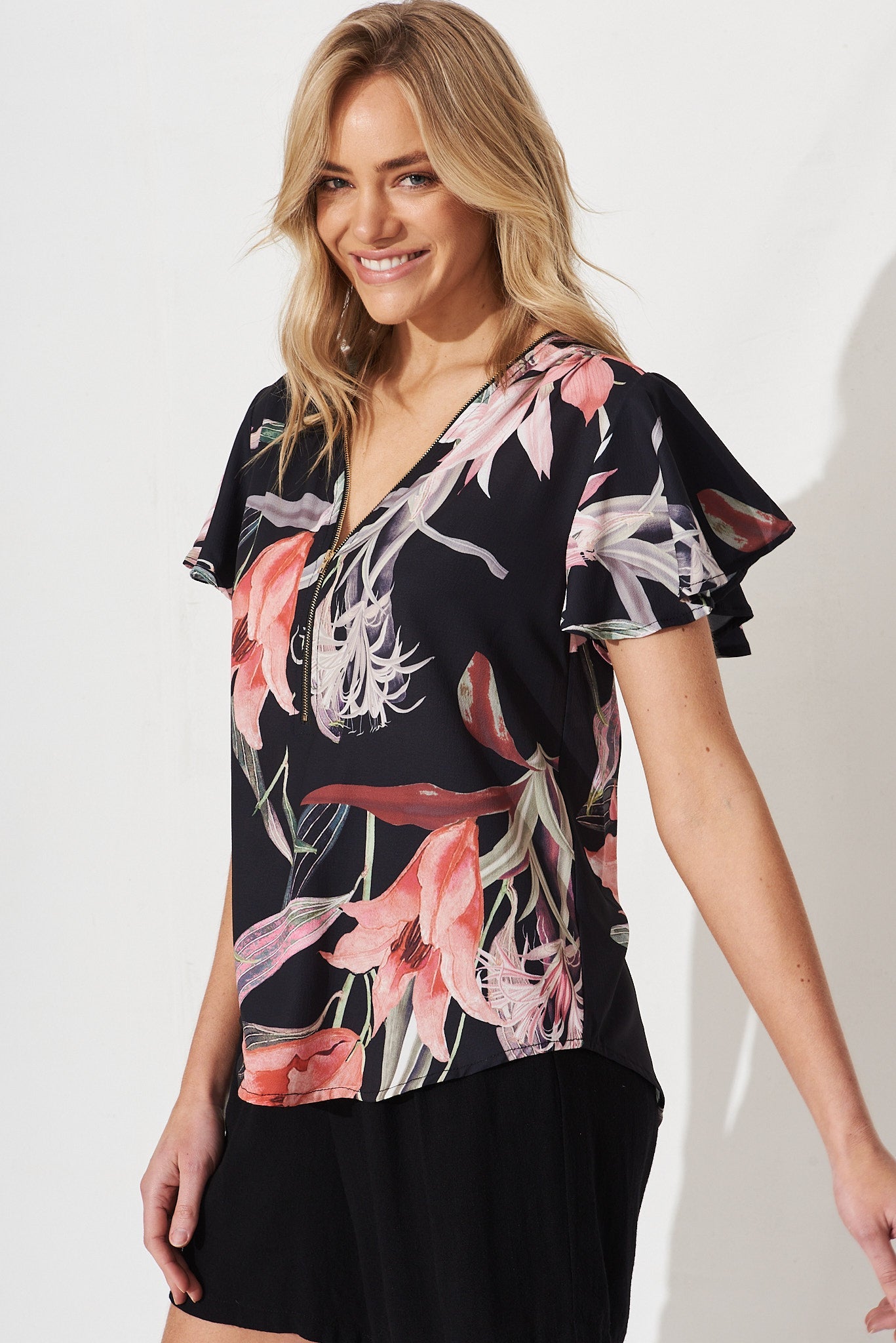 Viviana Zip Top In Black With Pink Tigerlily Floral
