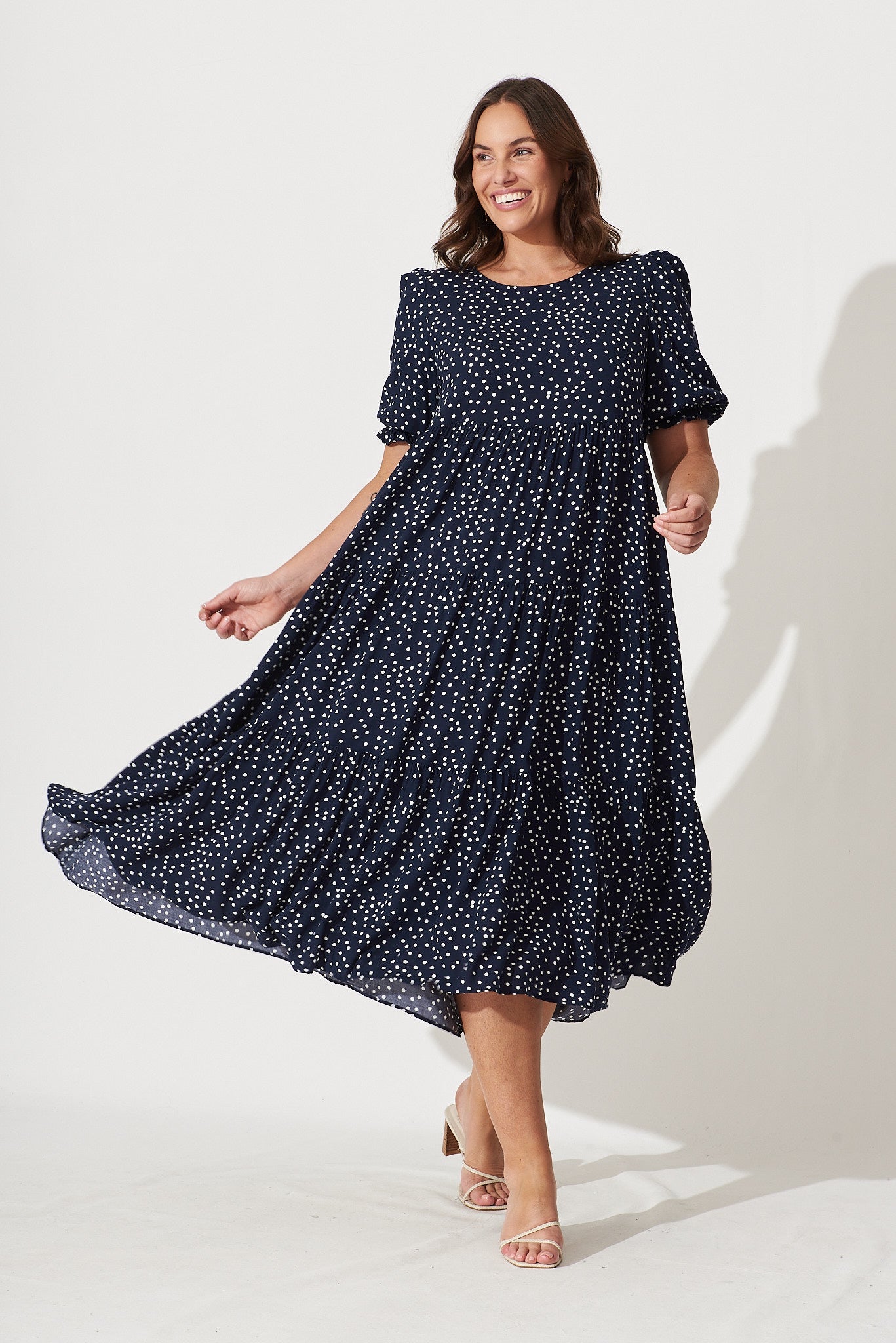 Nevi Tiered Midi Dress in Navy Spot