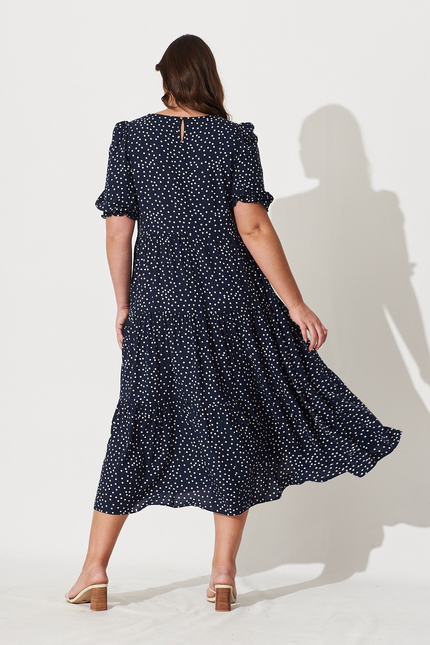 Nevi Tiered Midi Dress in Navy Spot