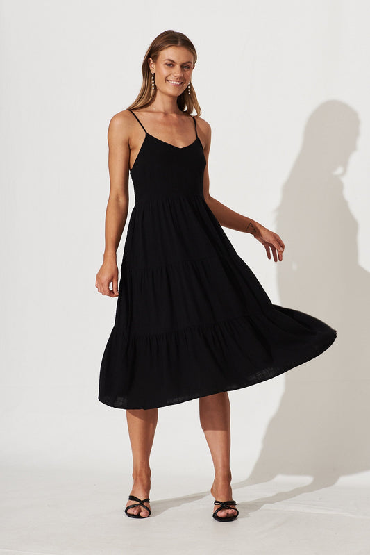 Utopia Midi Sundress In Black Linen Blend