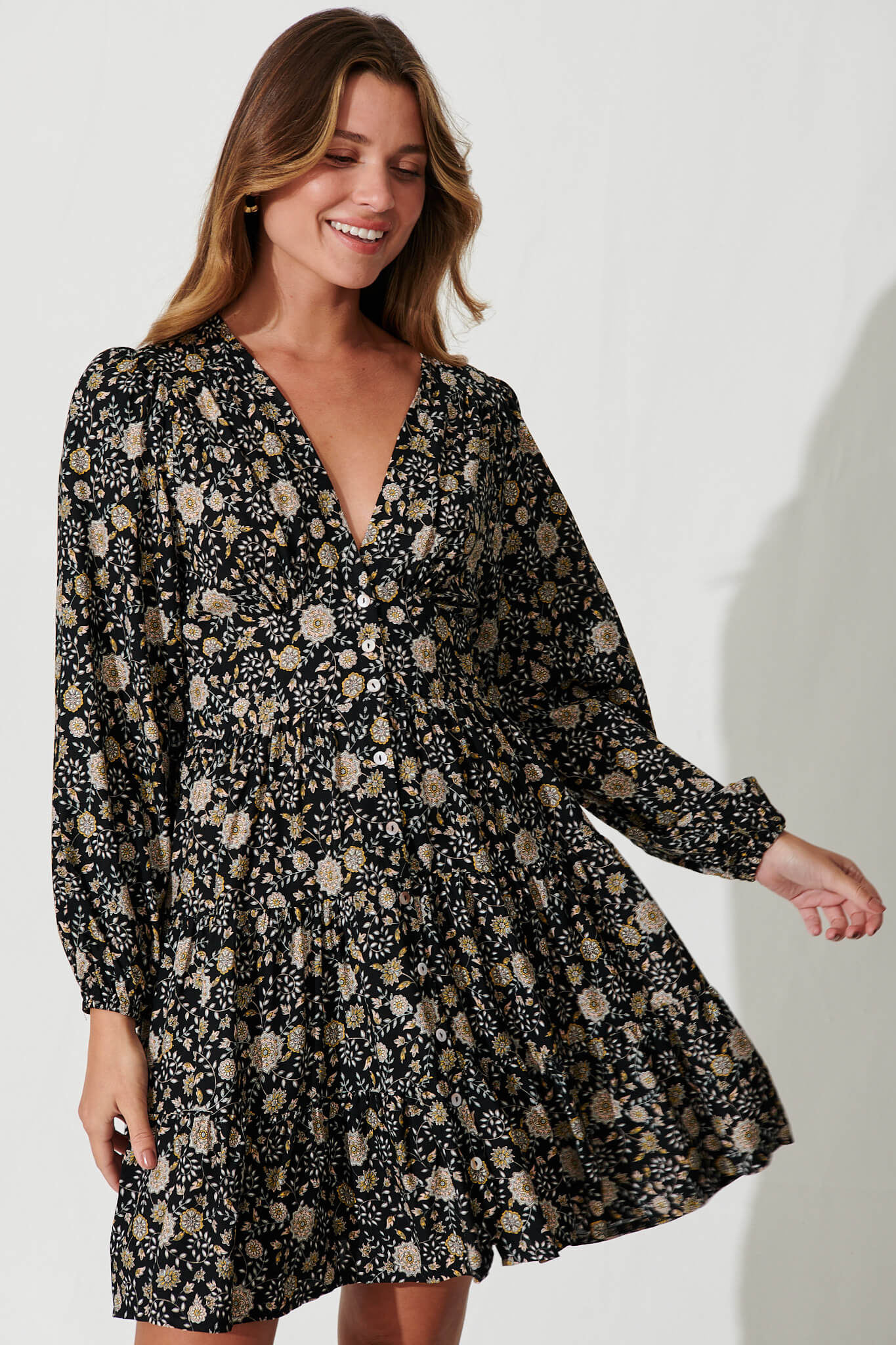 Abriella Dress In Black With Cream Floral