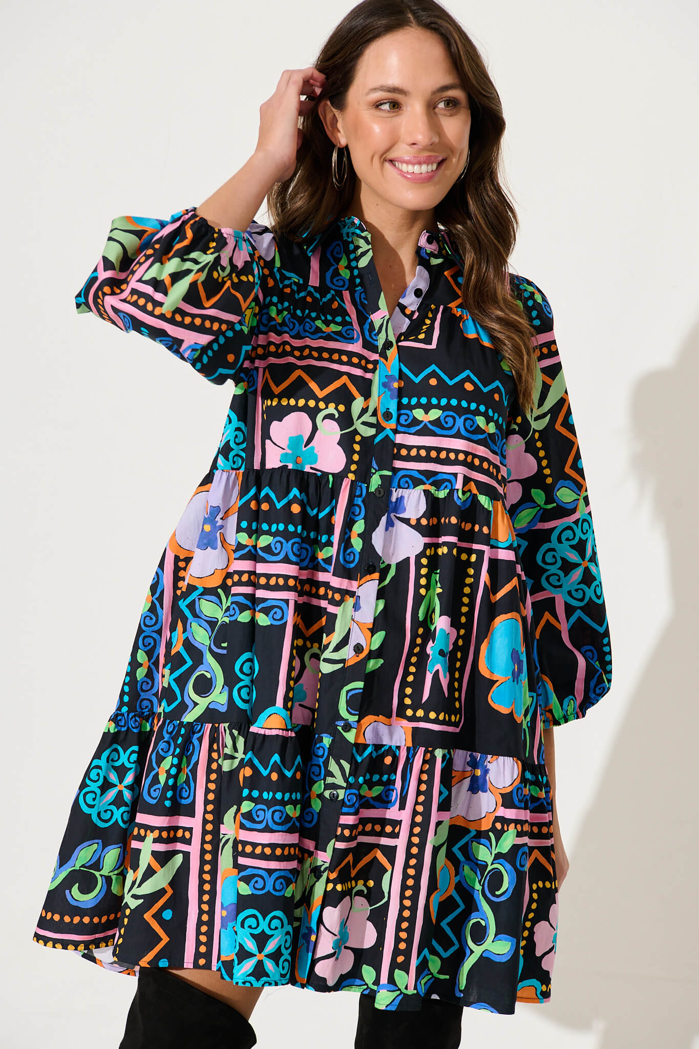 Mahonia Smock Shirt Dress In Black With Multi Cotton