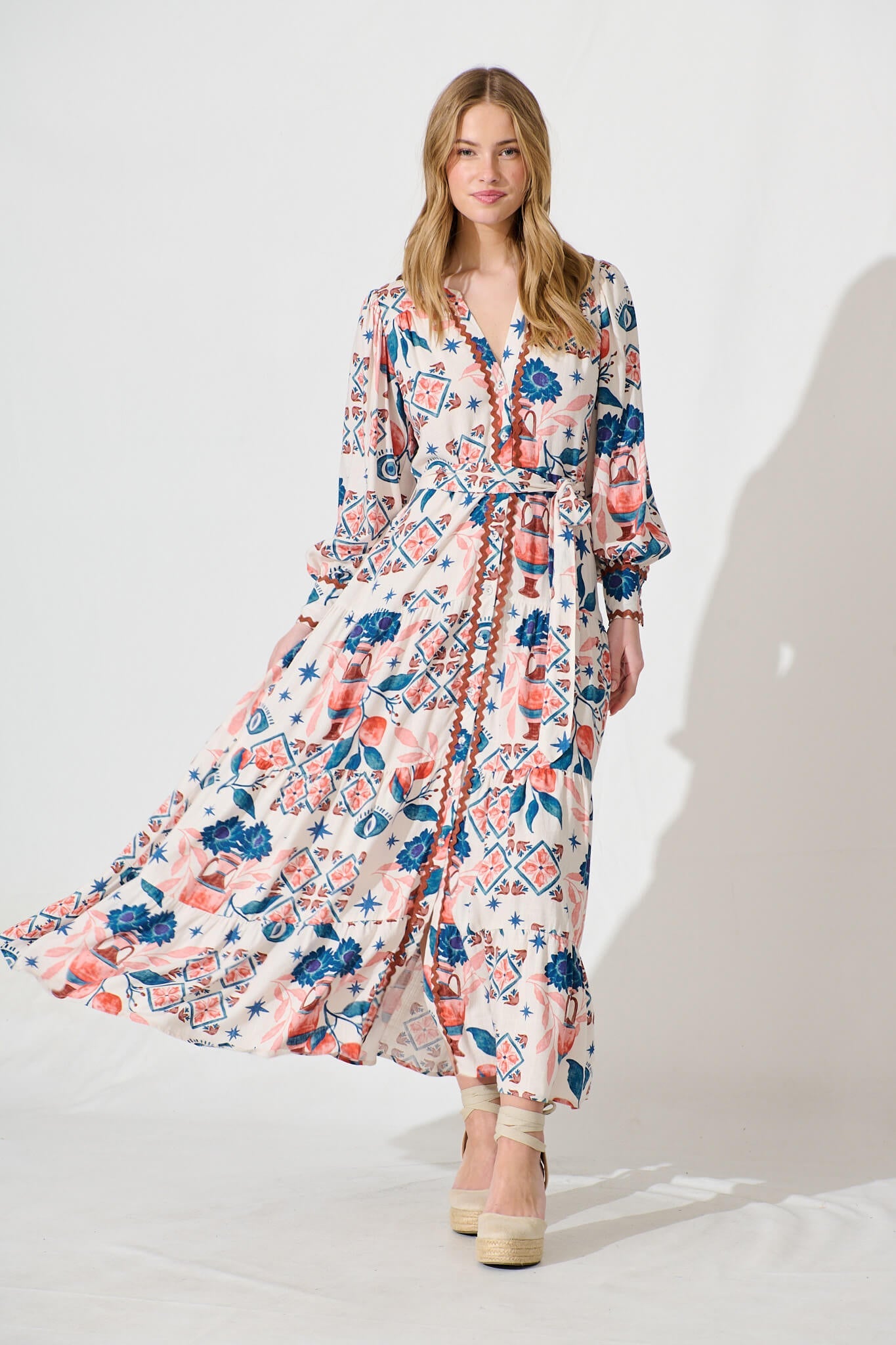 Krystia Dress In Cream With Multi Print With Ric Rac Trim