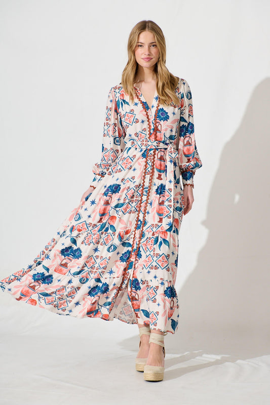 Krystia Dress In Cream With Multi Print With Ric Rac Trim