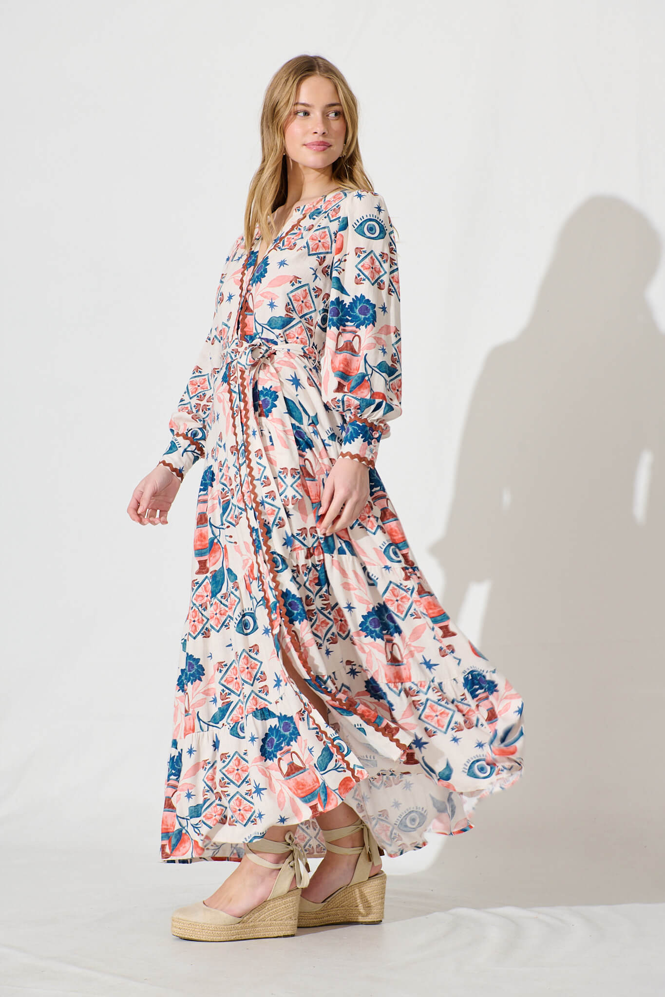 Krystia Dress In Cream With Multi Print With Ric Rac Trim