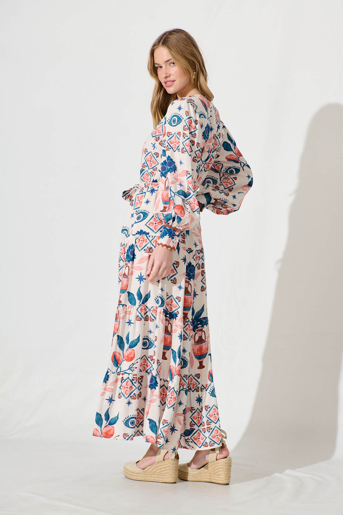 Krystia Dress In Cream With Multi Print With Ric Rac Trim