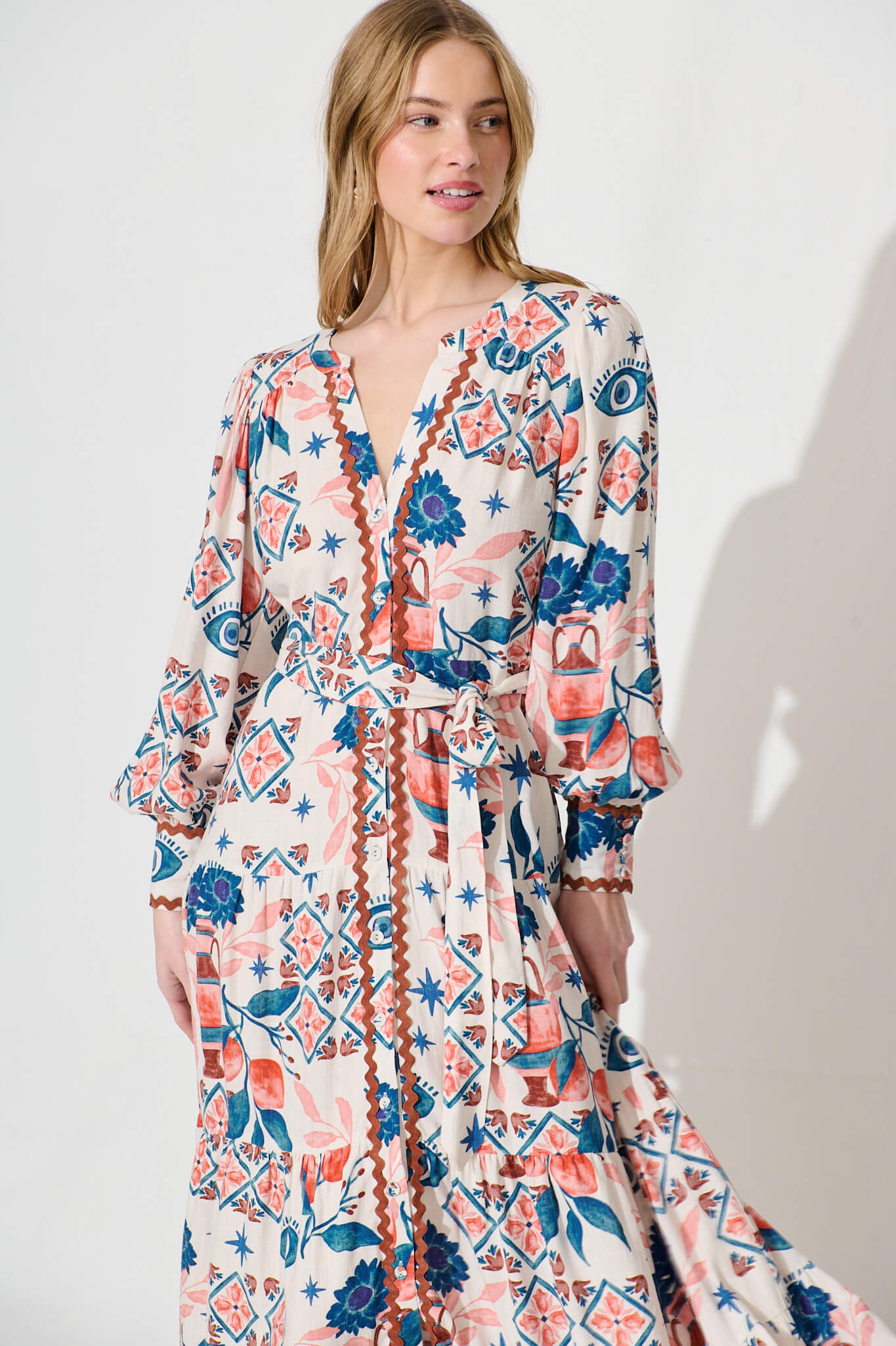 Krystia Dress In Cream With Multi Print With Ric Rac Trim