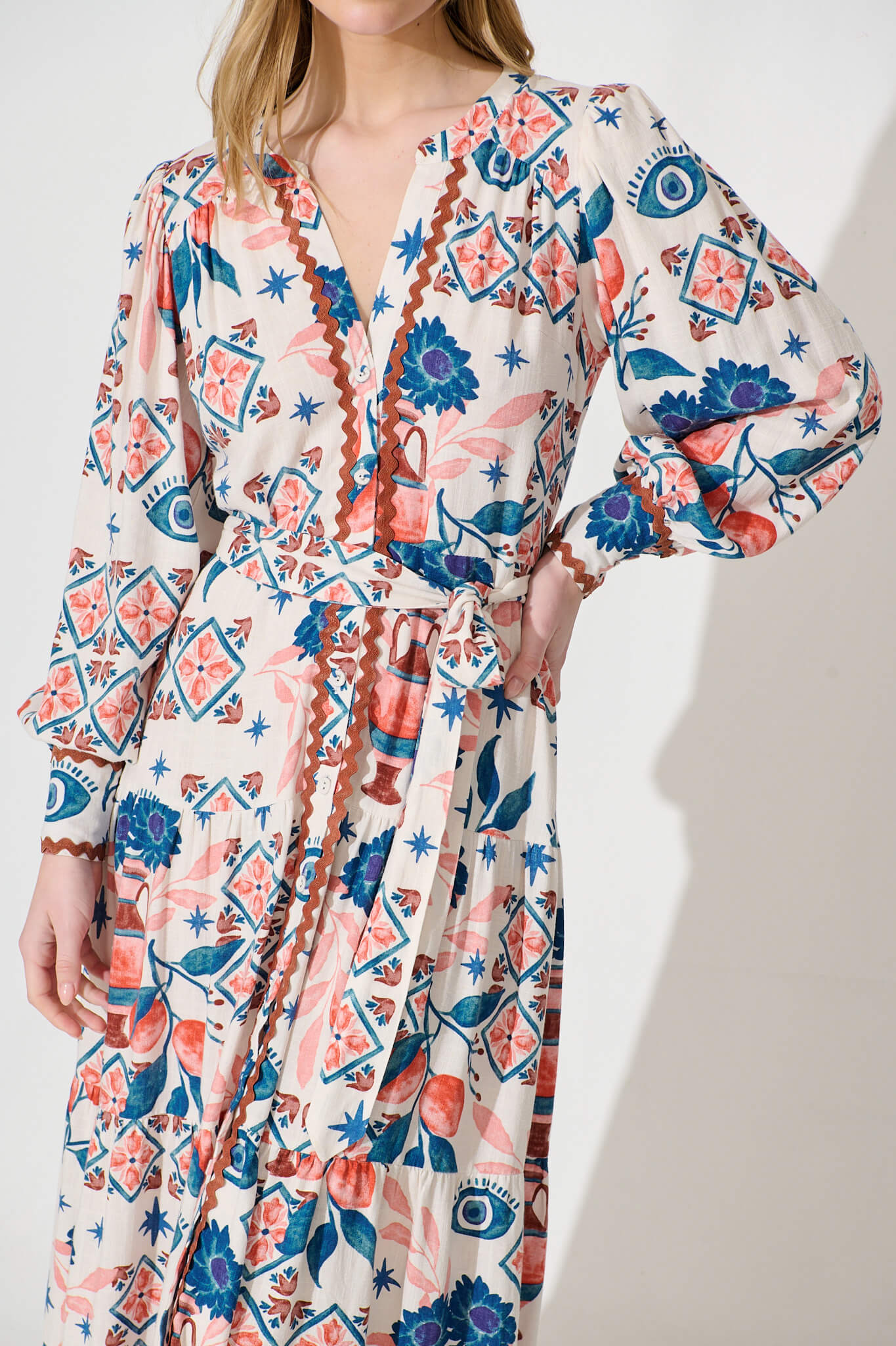 Krystia Dress In Cream With Multi Print With Ric Rac Trim