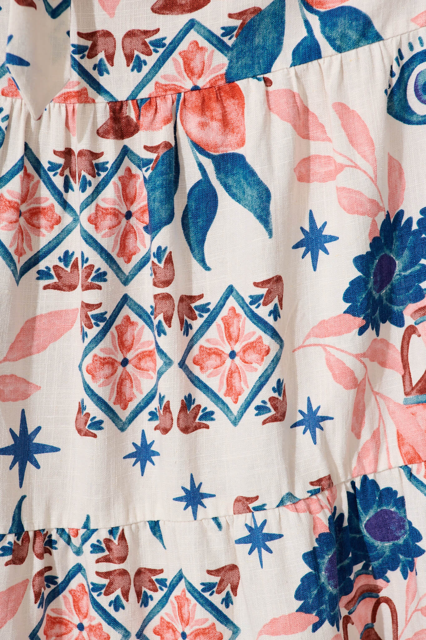 Krystia Dress In Cream With Multi Print With Ric Rac Trim