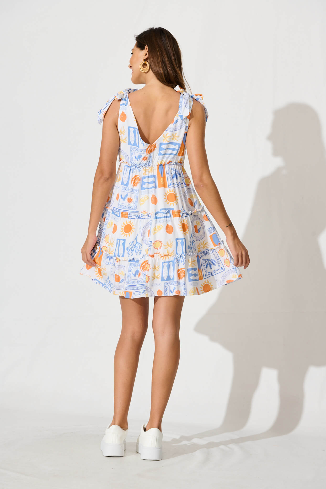 Carina Dress In White With Multi Print Linen Blend