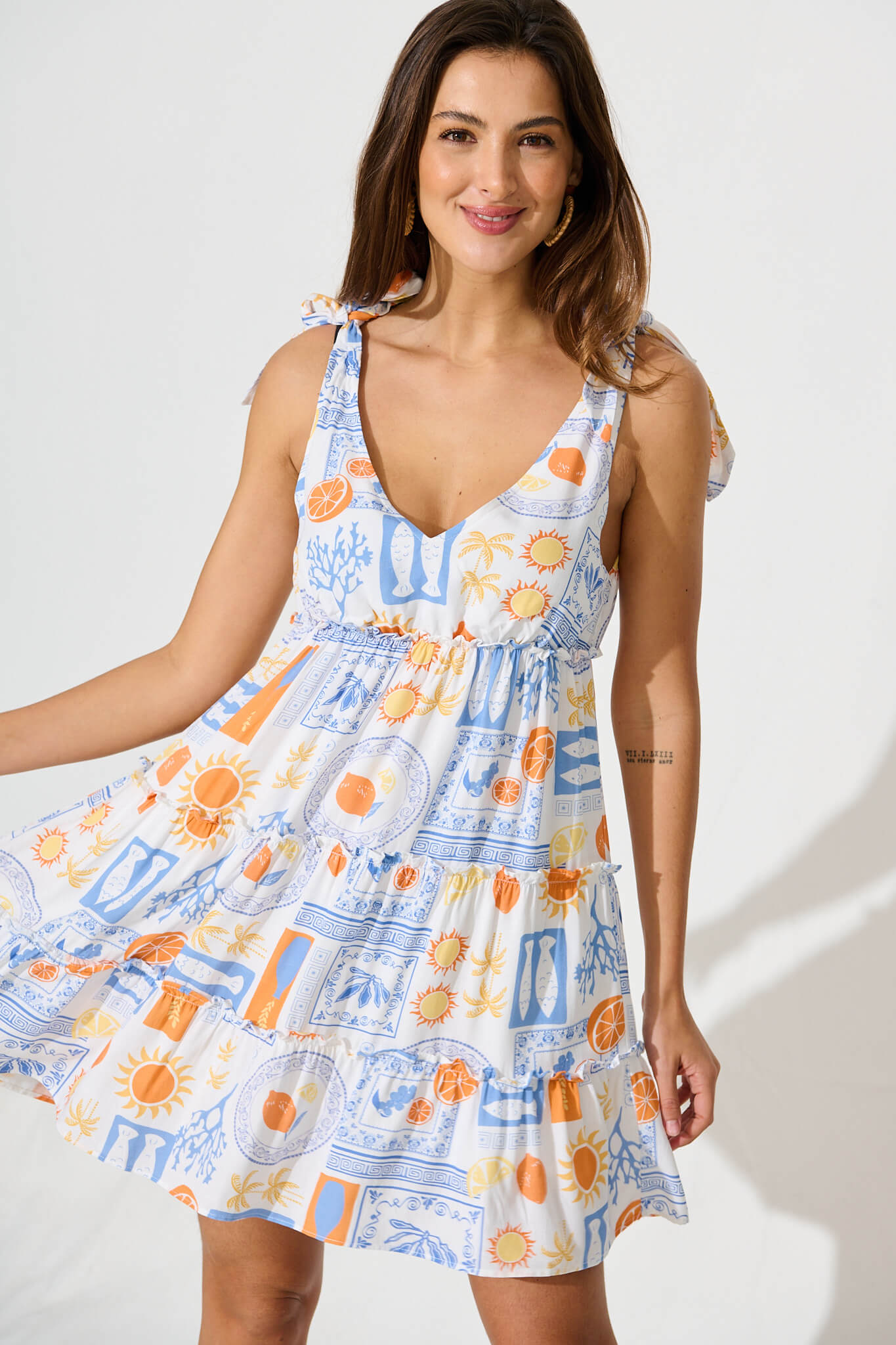 Carina Dress In White With Multi Print Linen Blend