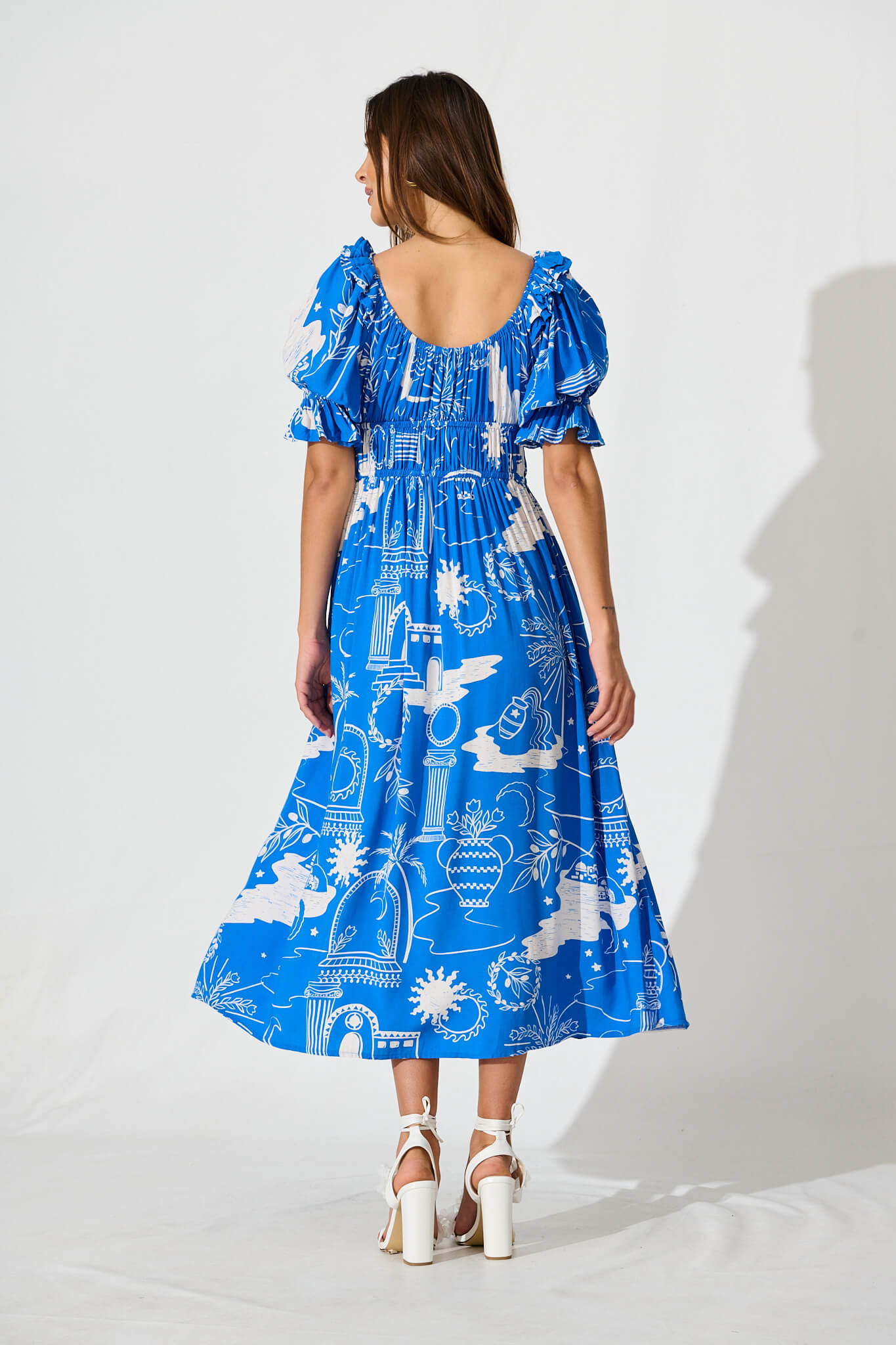 Truly Midi Dress In Blue With White Print