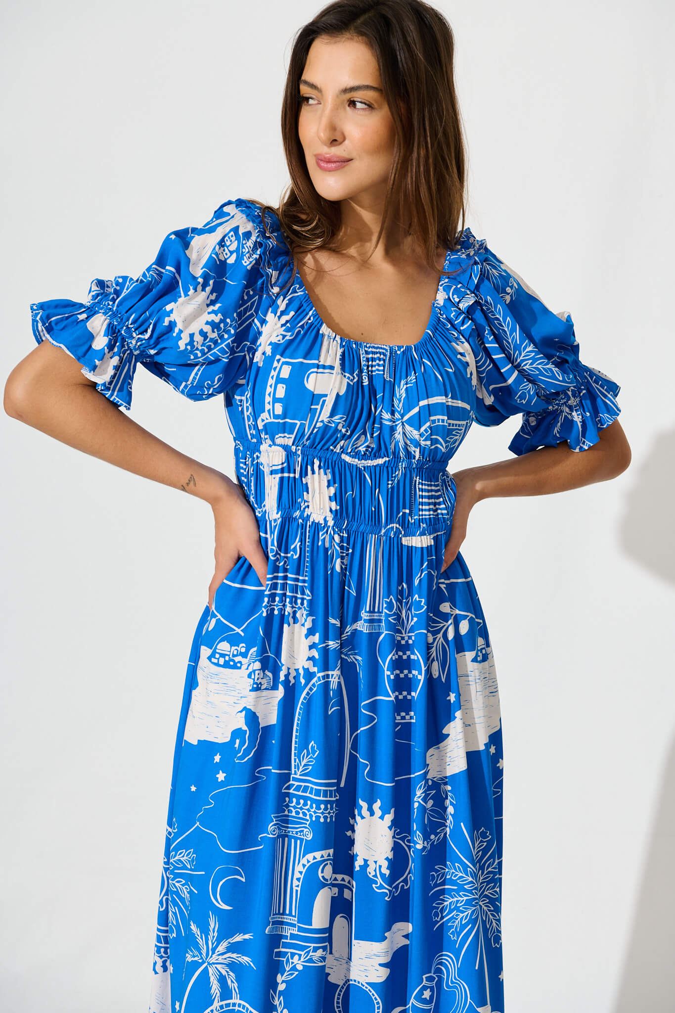 Truly Midi Dress In Blue With White Print