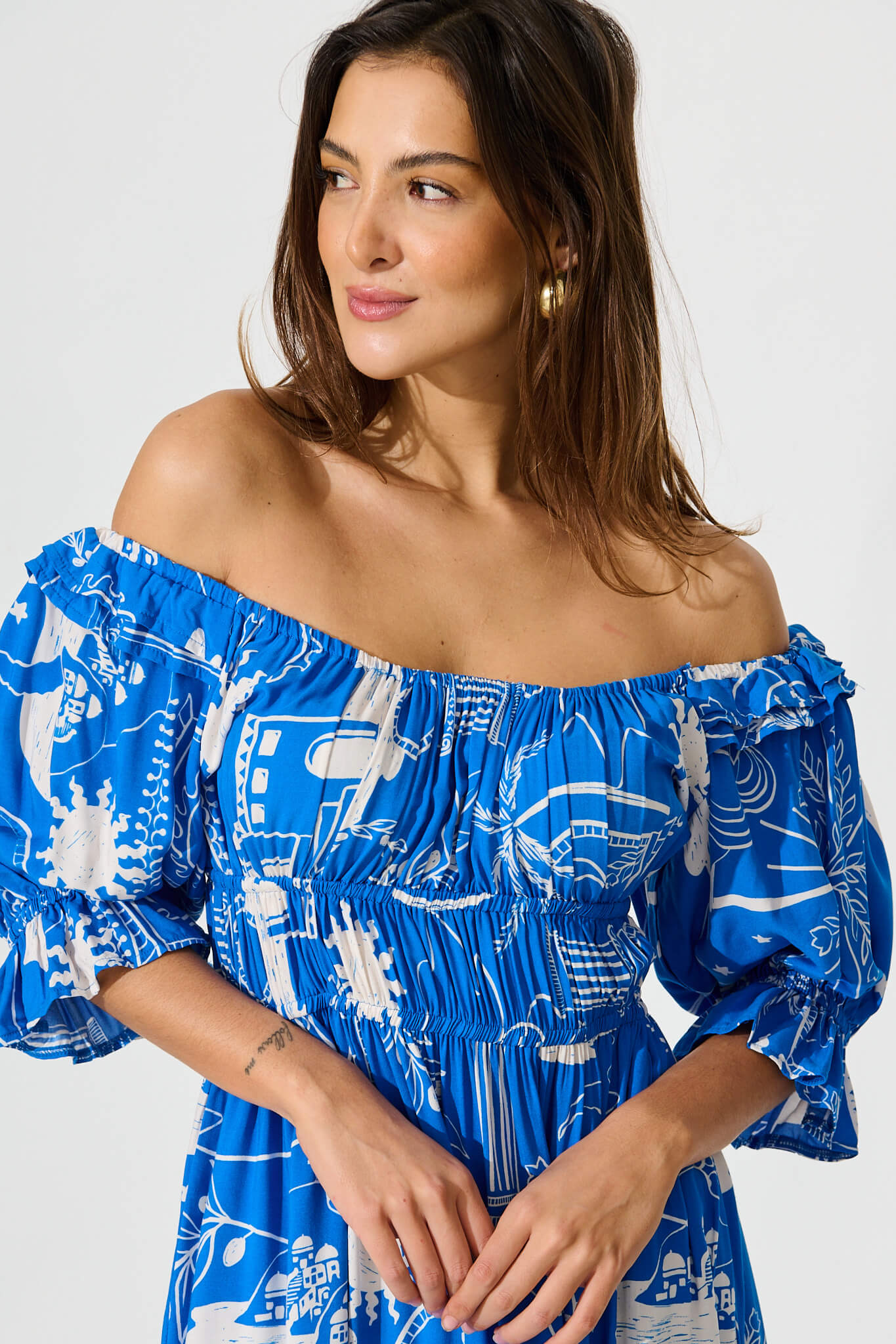 Truly Midi Dress In Blue With White Print