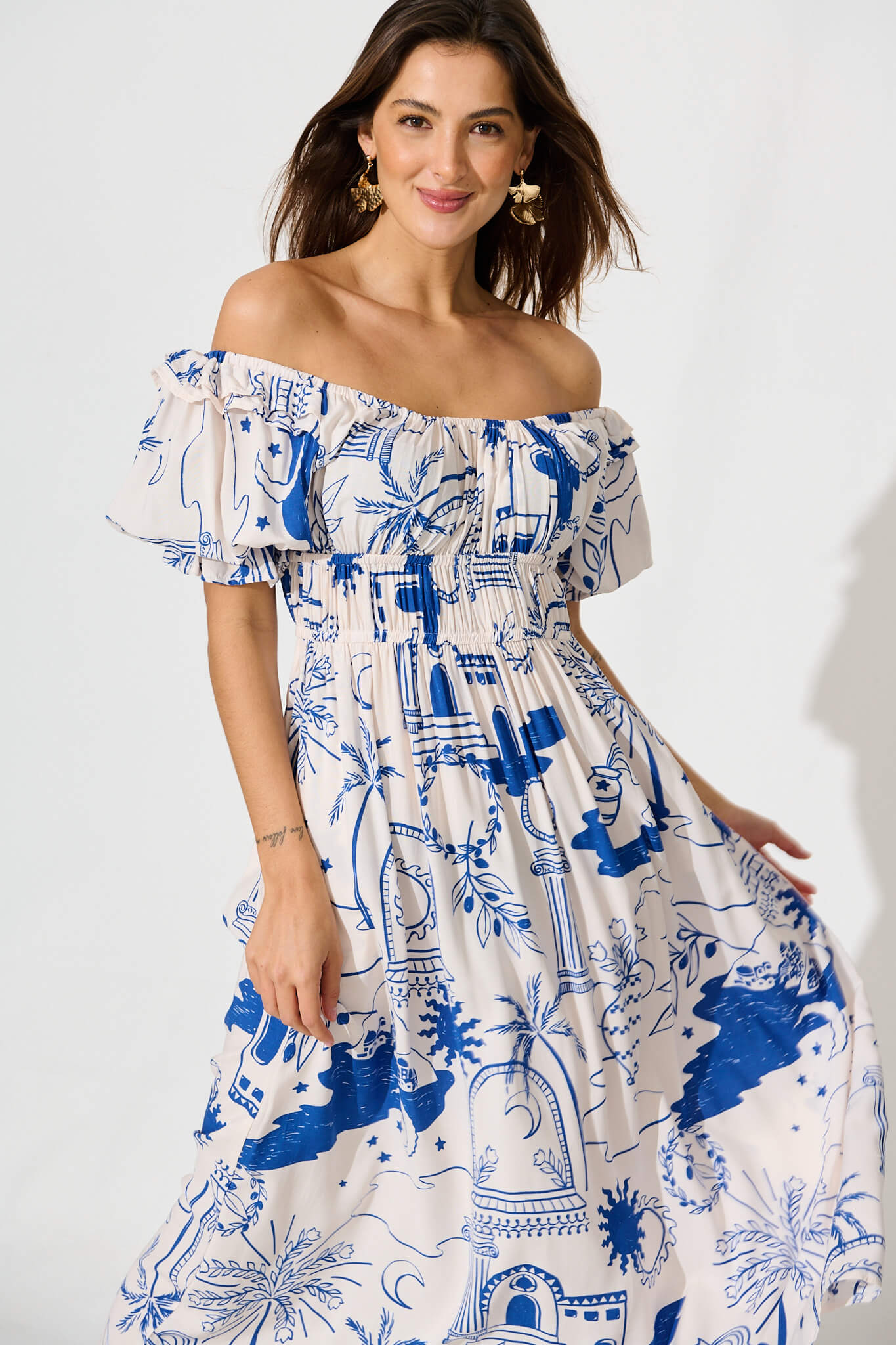Truly Midi Dress In White With Blue Print