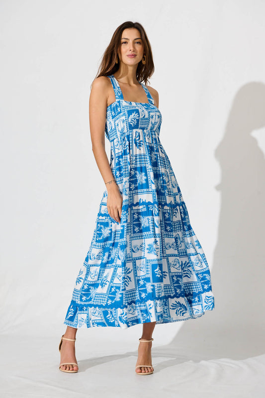 First Kiss Maxi Sundress In Blue Tile With Ric Rac Trim