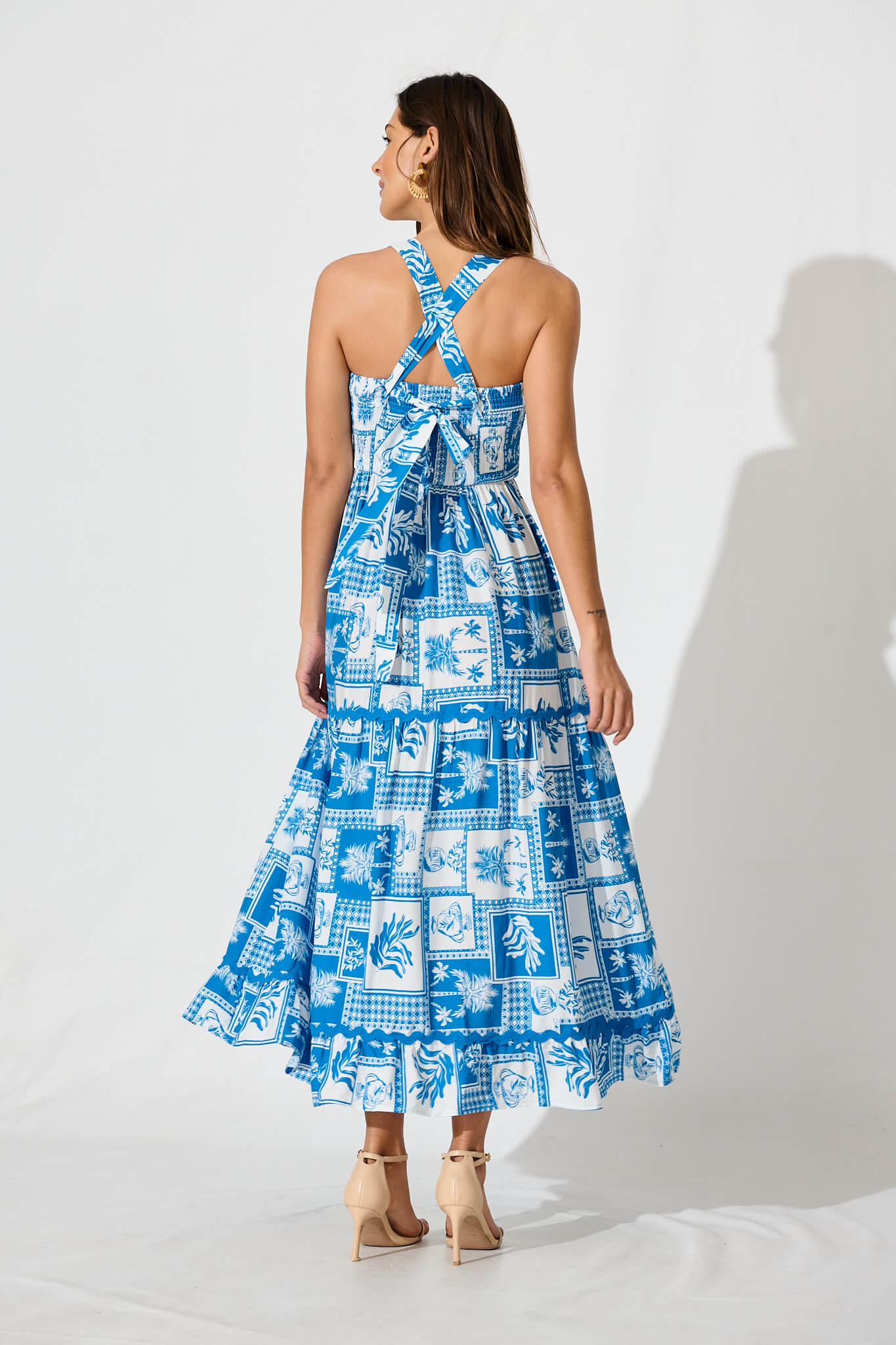 First Kiss Maxi Sundress In Blue Tile With Ric Rac Trim