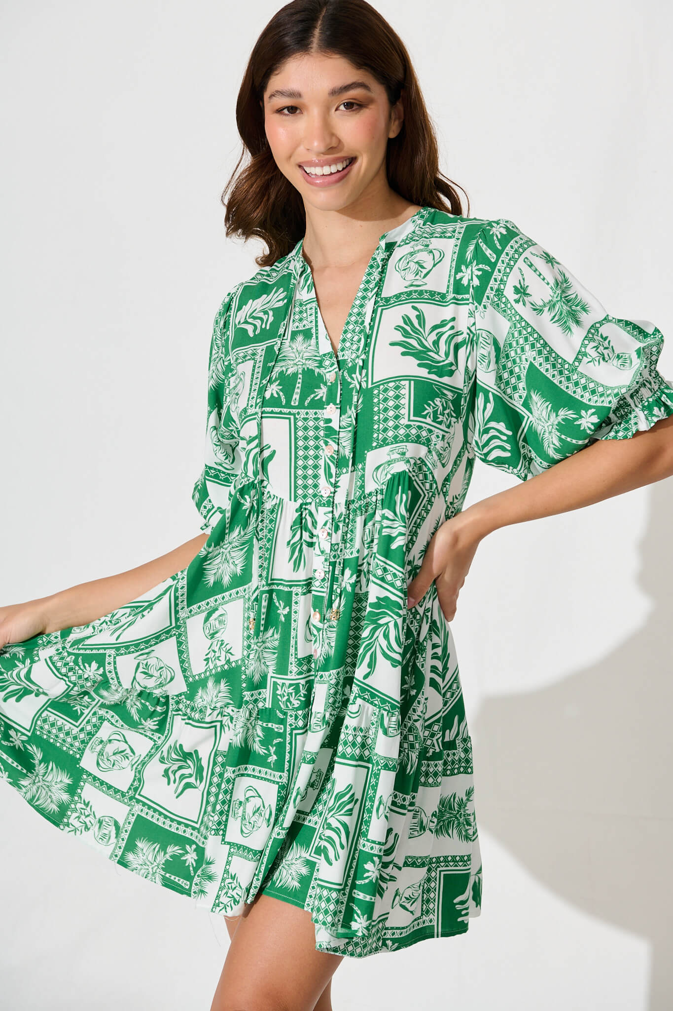 Santanna Smock Dress In Green Tile Print