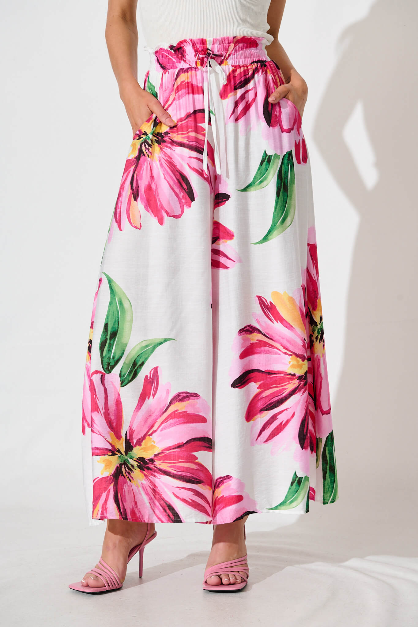 Mariah Pant In White With Pink Floral