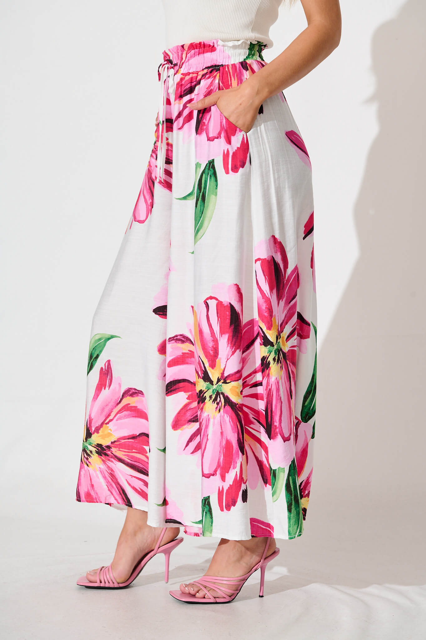 Mariah Pant In White With Pink Floral