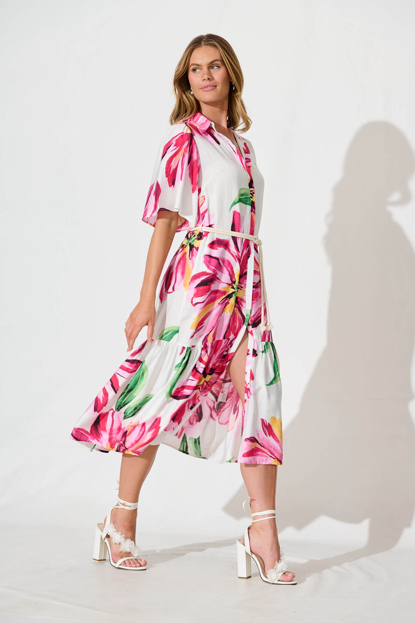 Cera Maxi Shirt Dress In White With Pink Floral
