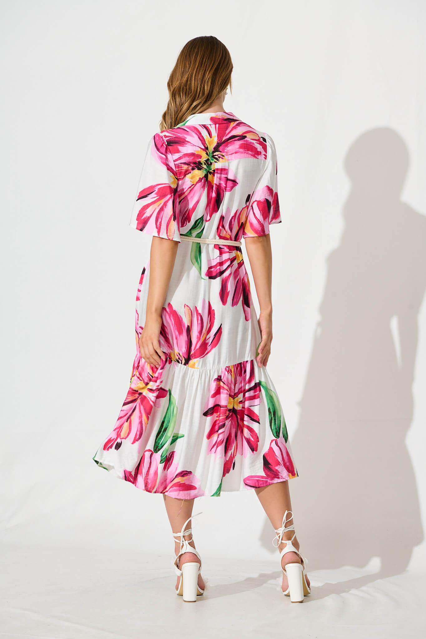 Cera Maxi Shirt Dress In White With Pink Floral