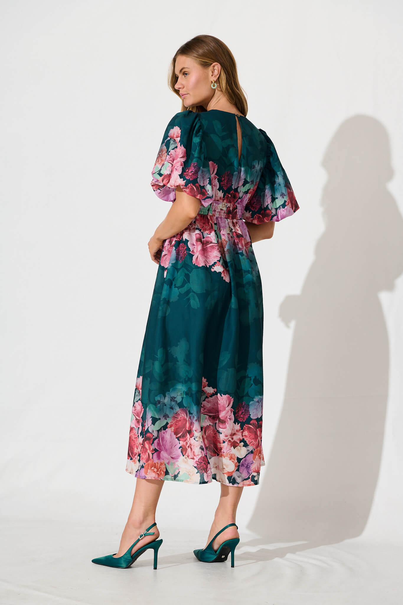 Divine Maxi Dress In Emerald With Pink Multi Floral Print
