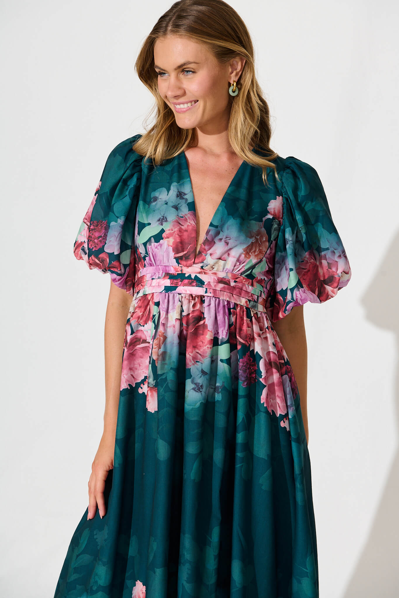 Divine Maxi Dress In Emerald With Pink Multi Floral Print