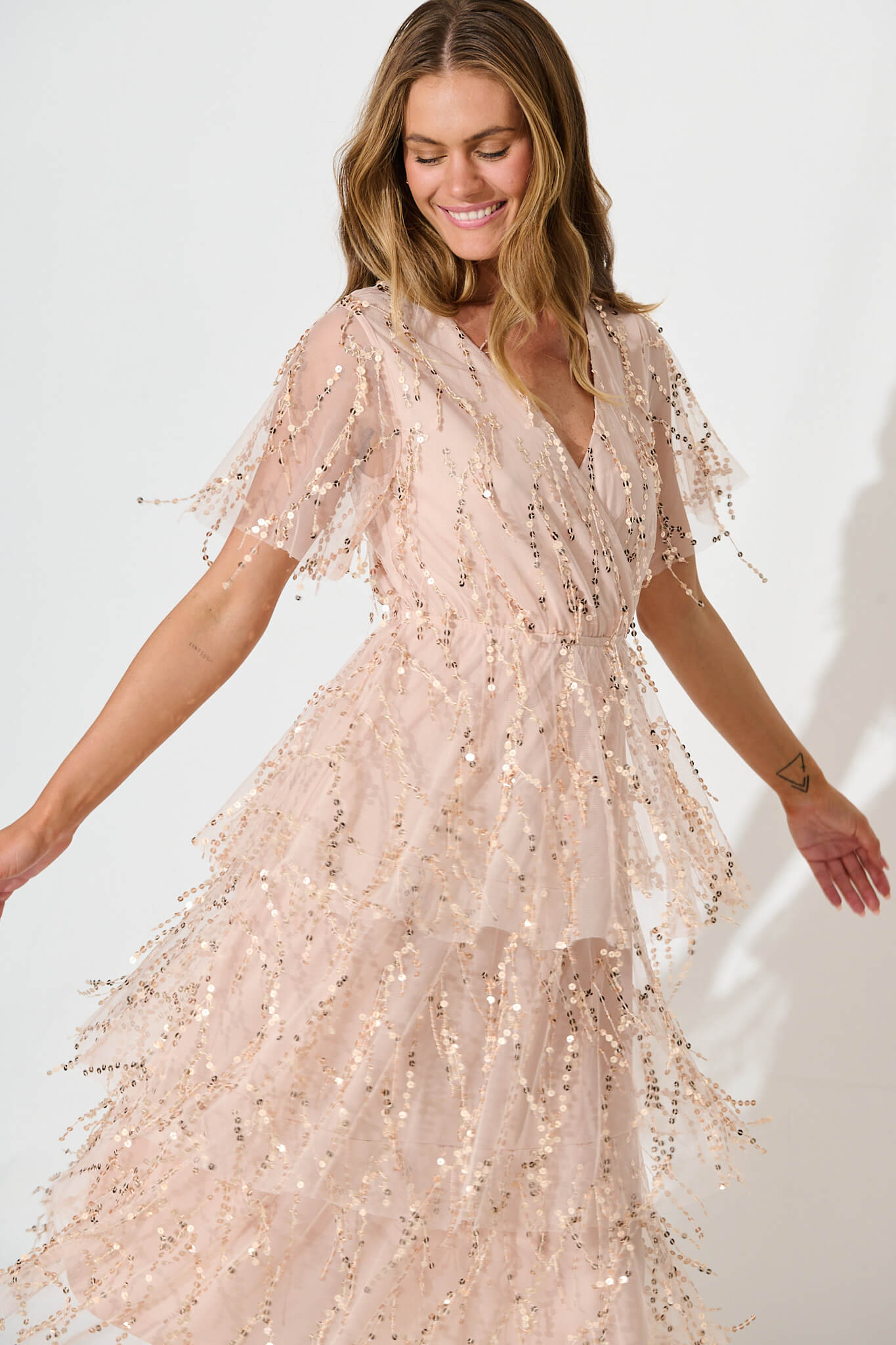 Catalina Midi Dress In Rose Gold Sequin