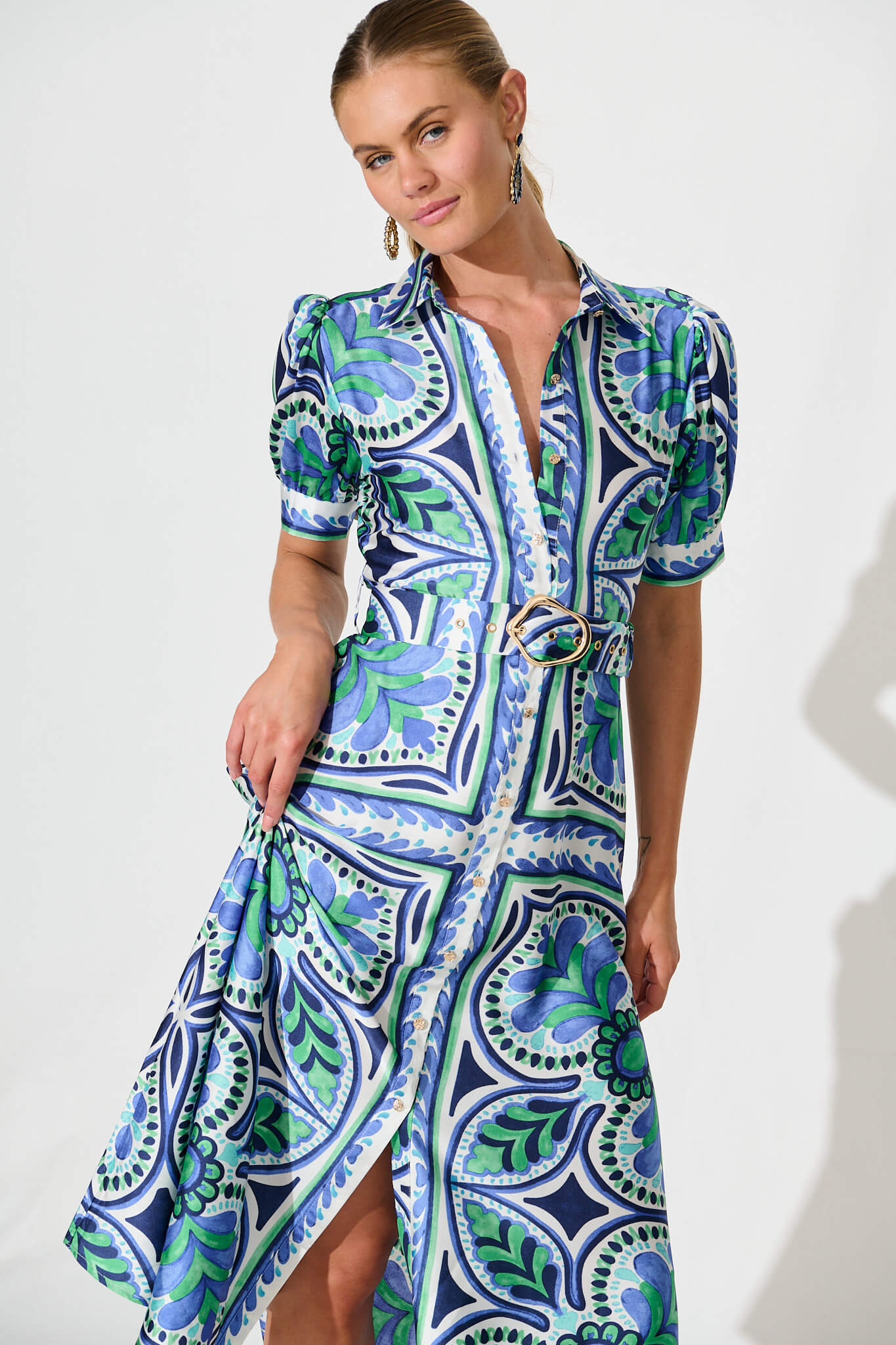 PRE ORDER Halswell Maxi Shirt Dress In Blue And Green Tile Print