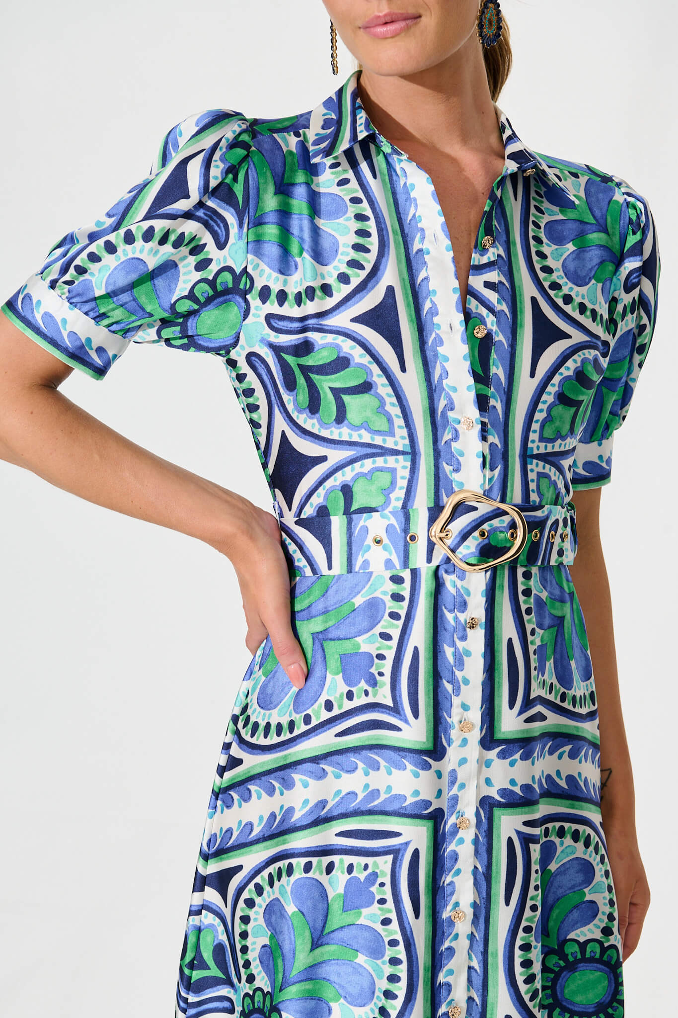 PRE ORDER Halswell Maxi Shirt Dress In Blue And Green Tile Print