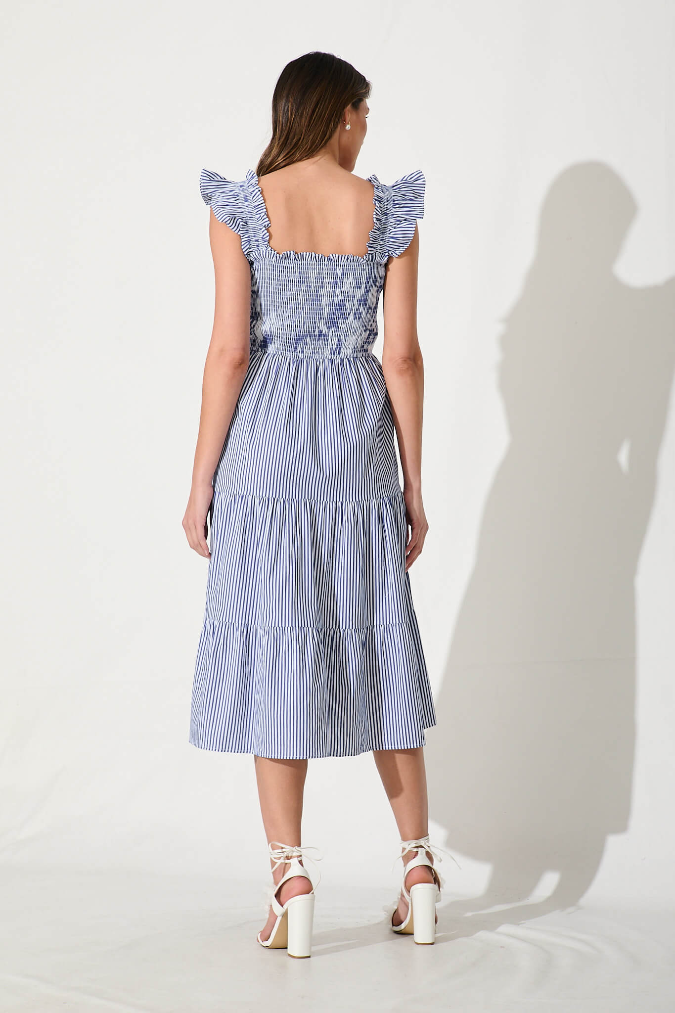 Stassi Midi Dress In Blue And White Stripe Cotton