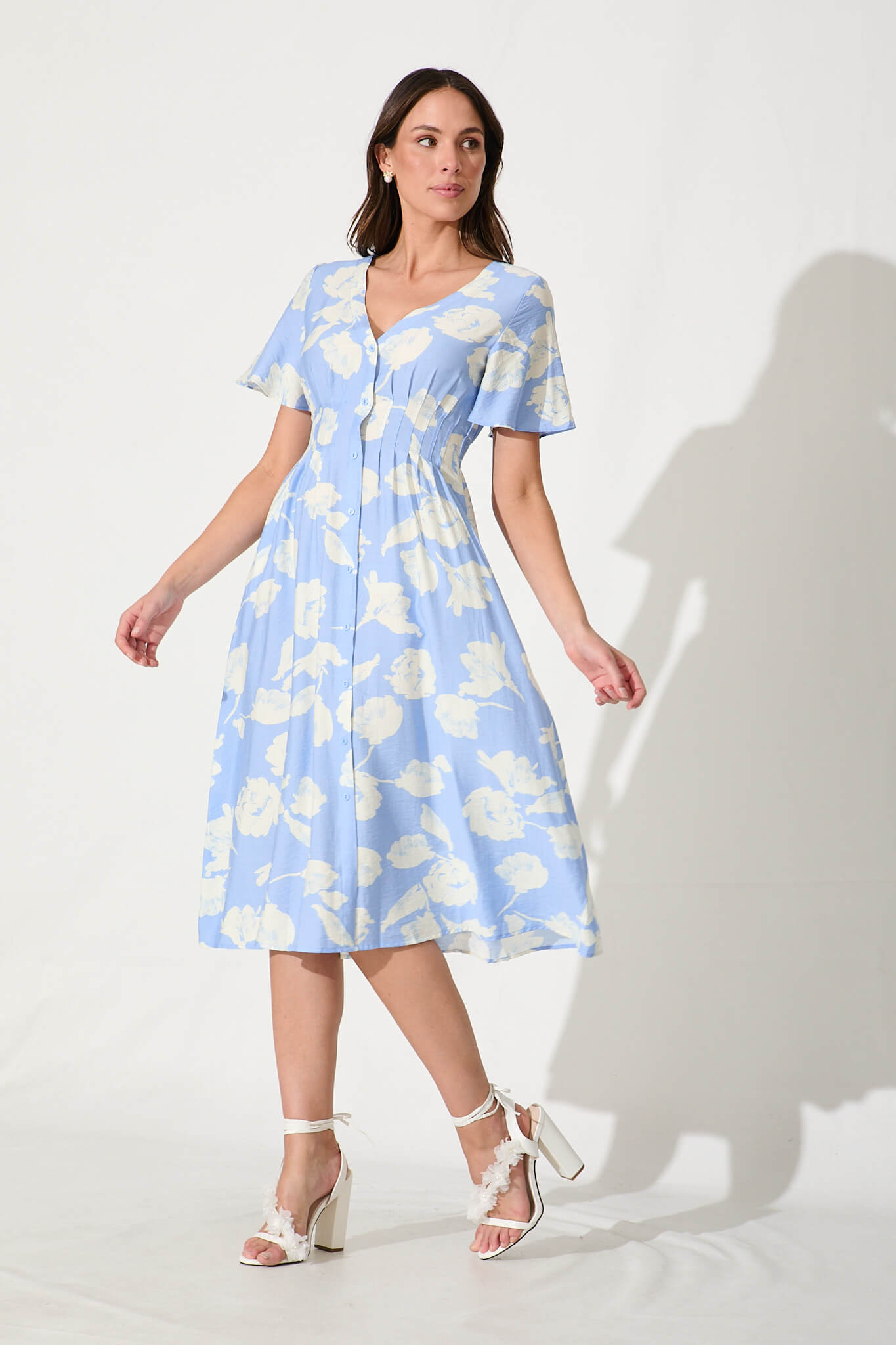 Yvette Midi Dress In Blue With White Floral