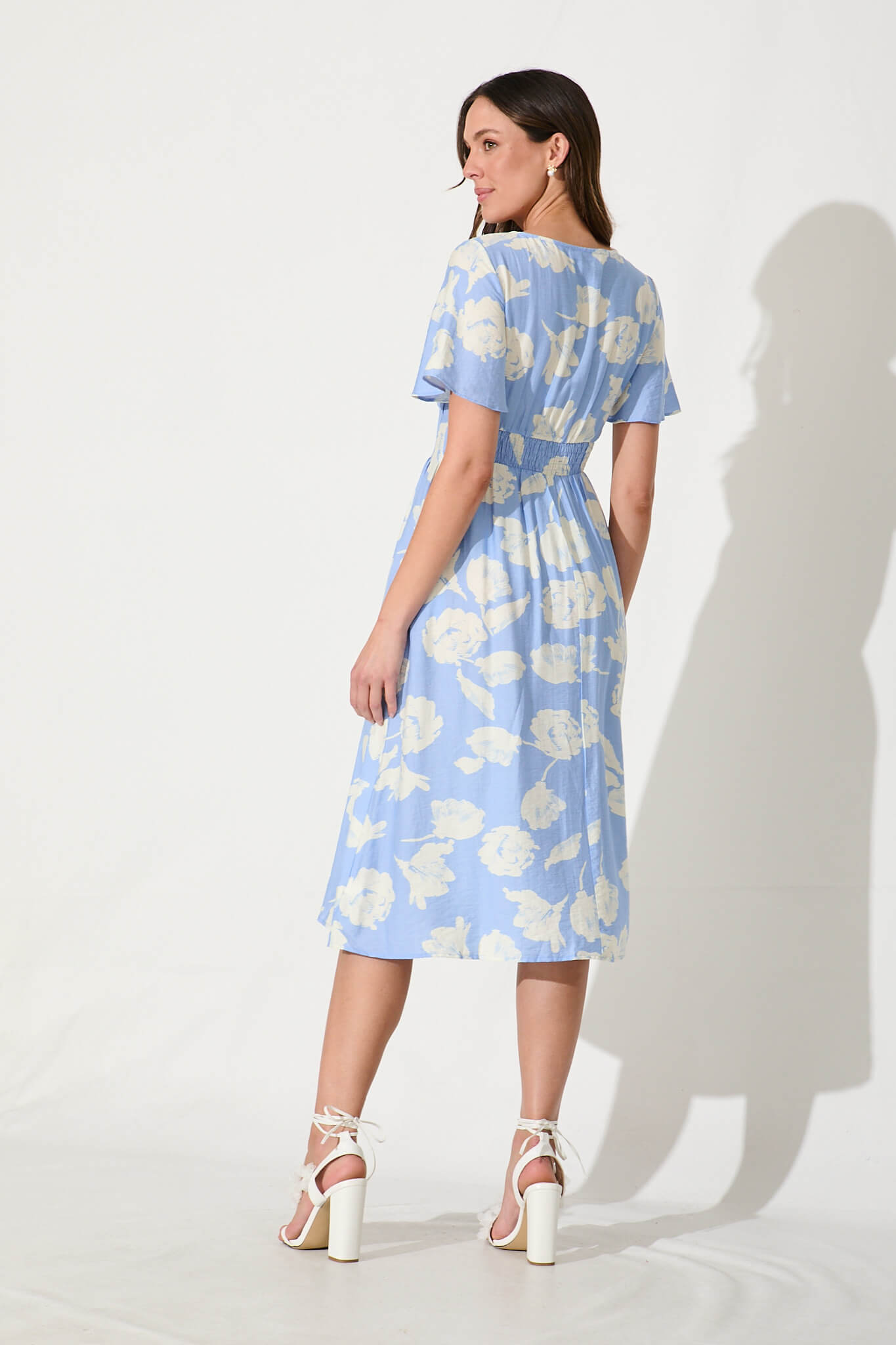 Yvette Midi Dress In Blue With White Floral
