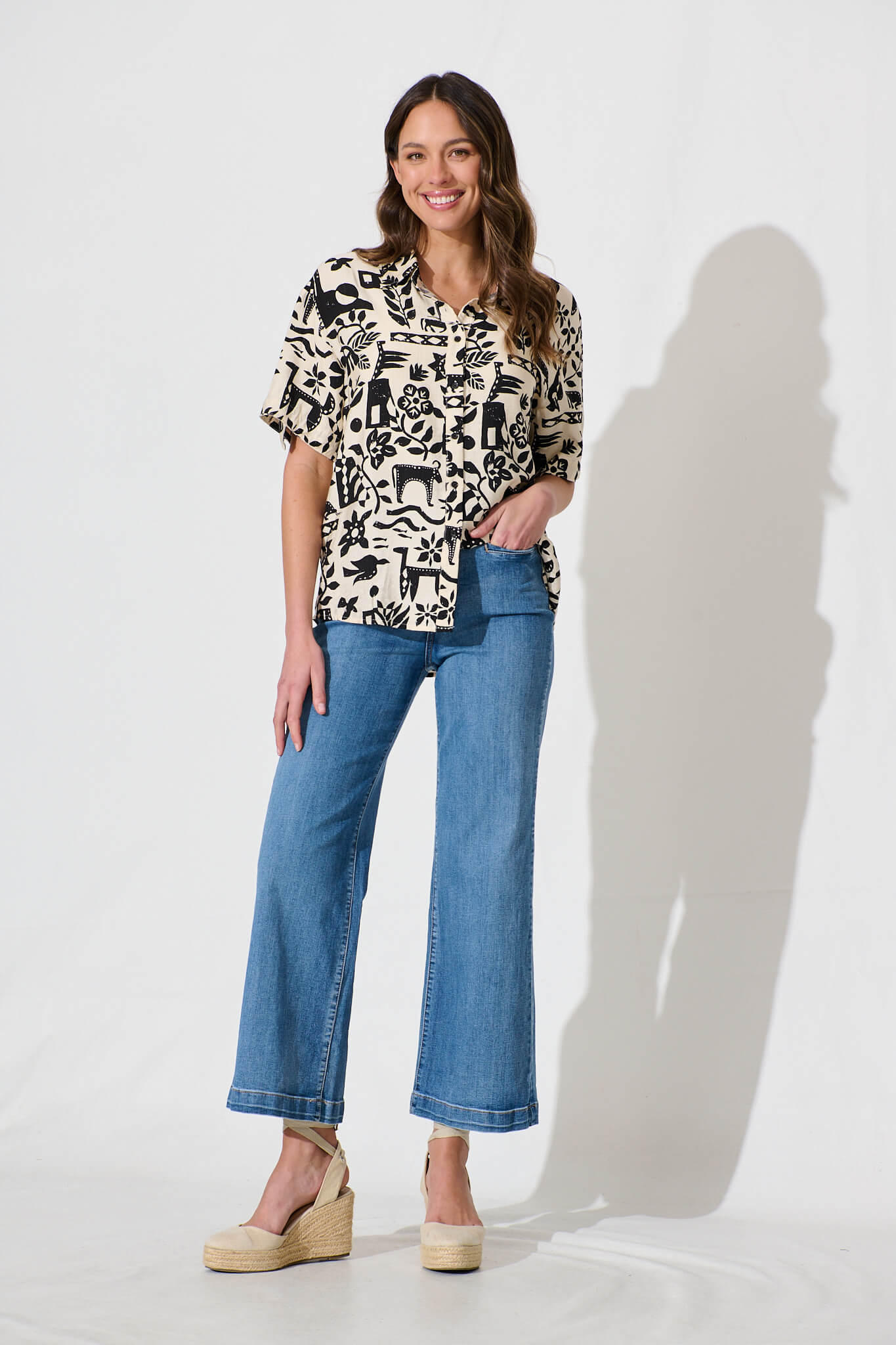 Alexcina Shirt in Cream with Black Print