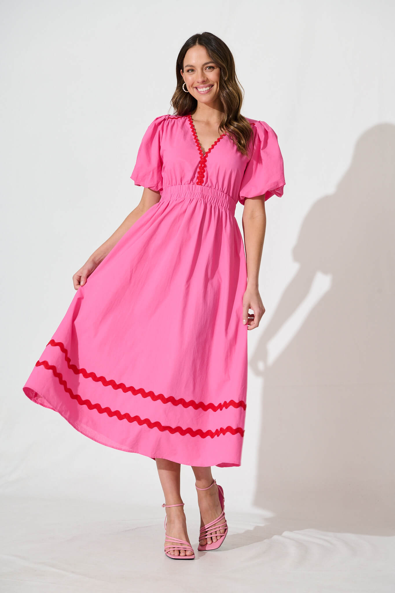 Indi Maxi Dress In Pink With Red Ric Rac Trim Cotton