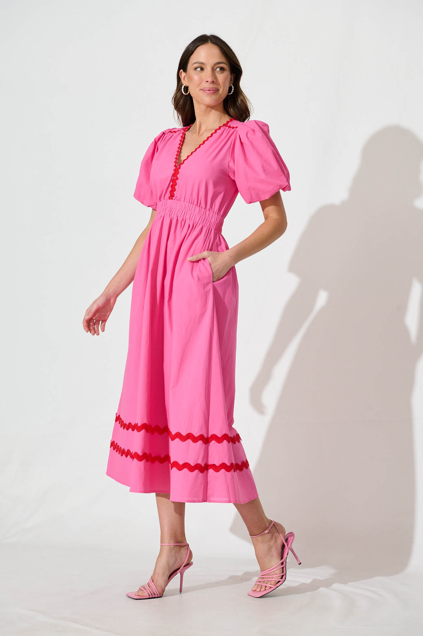 Indi Maxi Dress In Pink With Red Ric Rac Trim Cotton