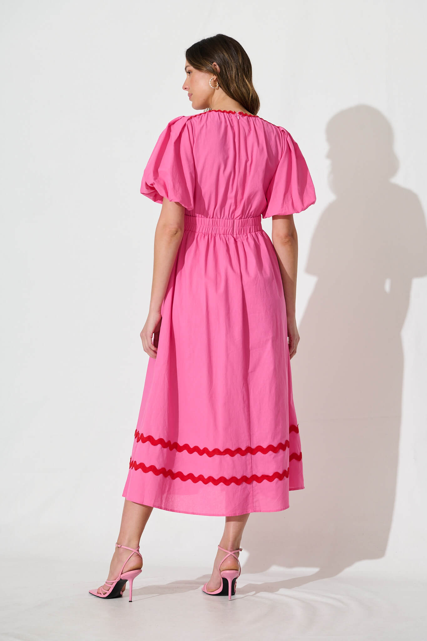 Indi Maxi Dress In Pink With Red Ric Rac Trim Cotton