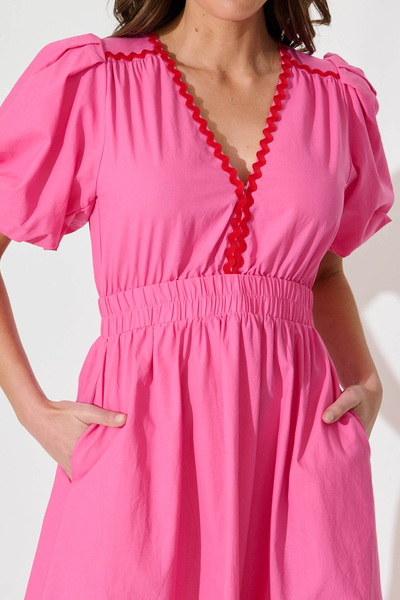 Indi Maxi Dress In Pink With Red Ric Rac Trim Cotton