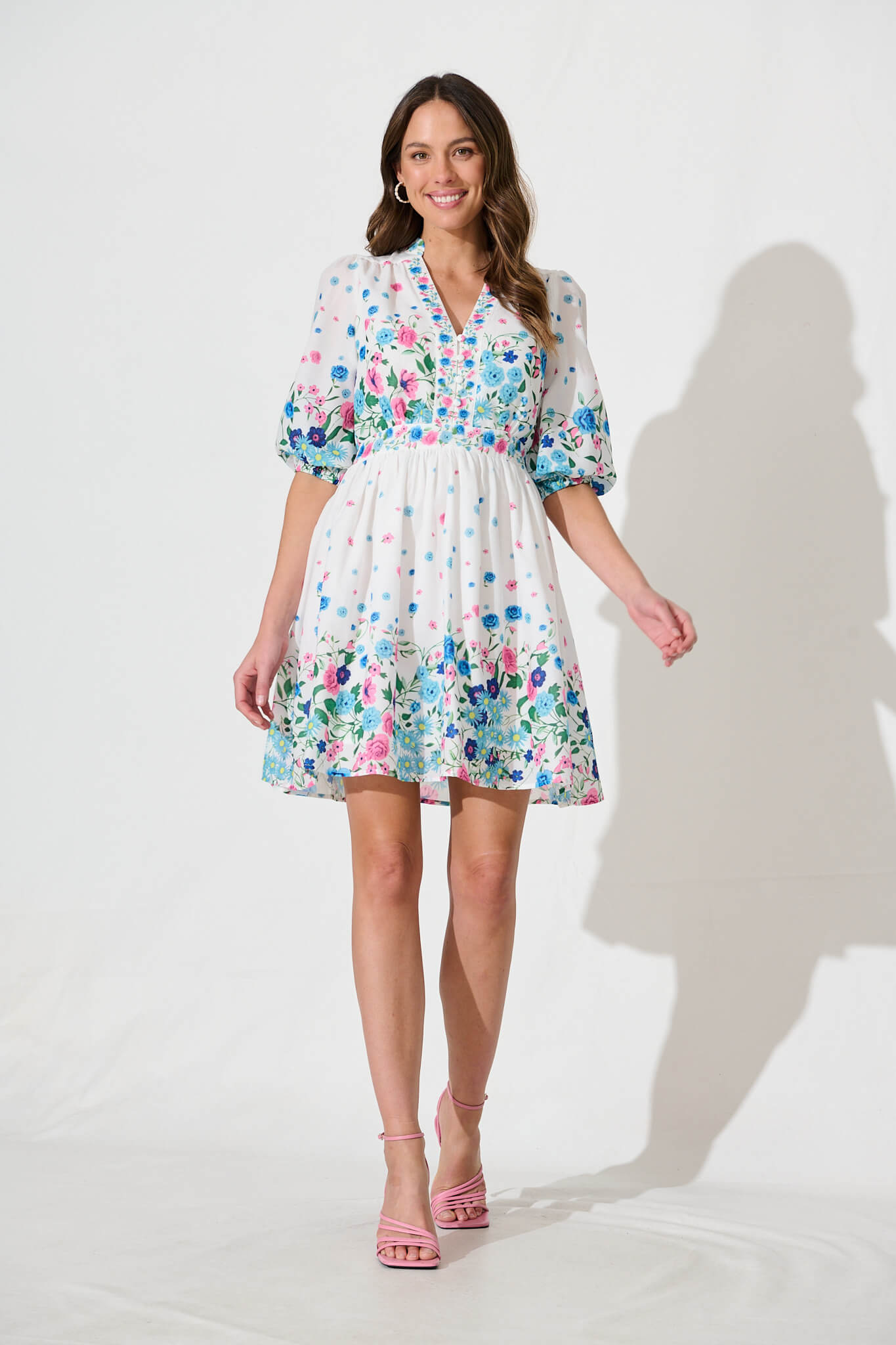 Sausalito Dress In White With Pink And Blue Floral